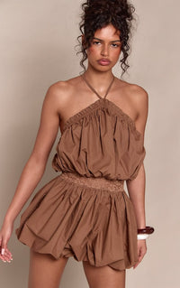 Chocolate PrettyLittleThing Lace Panel Halterneck Puffball Dress Nasty