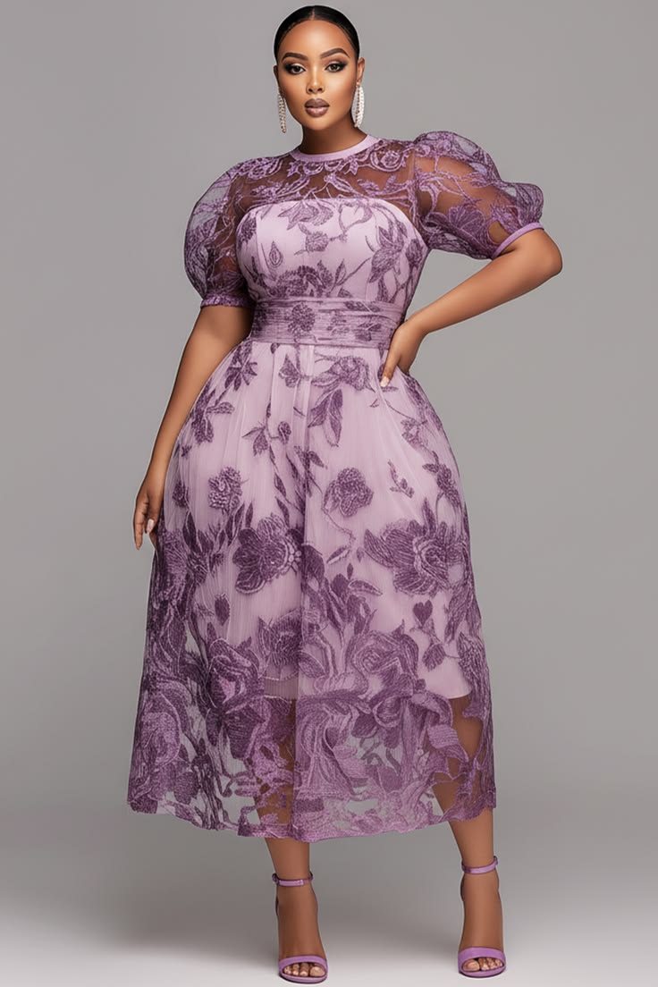 Xpluswear Design Plus Size Mother Of The Bride Purple Round Neck Puff
