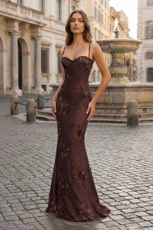 Yellow Spaghetti Straps Sheath Long Prom Dress With Floral Embroider