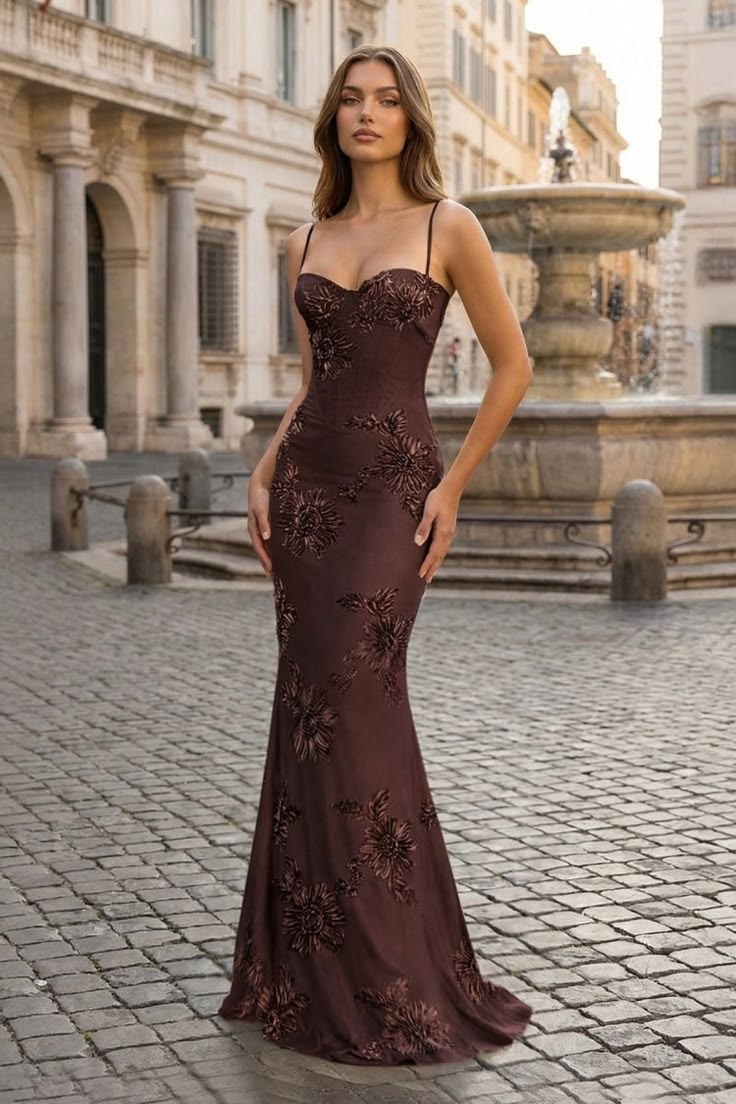 Yellow Spaghetti Straps Sheath Long Prom Dress With Floral Embroider