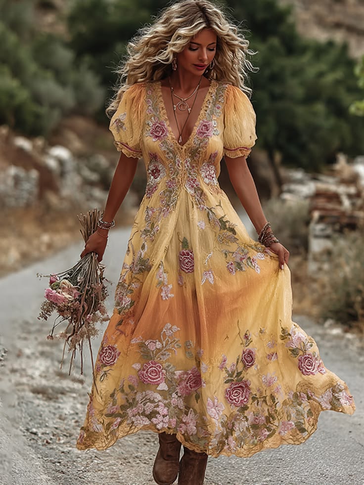 Women's Vintage Rose Embroidery Art Comfy Linen Maxi Dress Yellow 3Xl