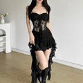 Sosana Spaghetti Strap Lace Panel Ruffled Asymmetric Hem Mini Dress