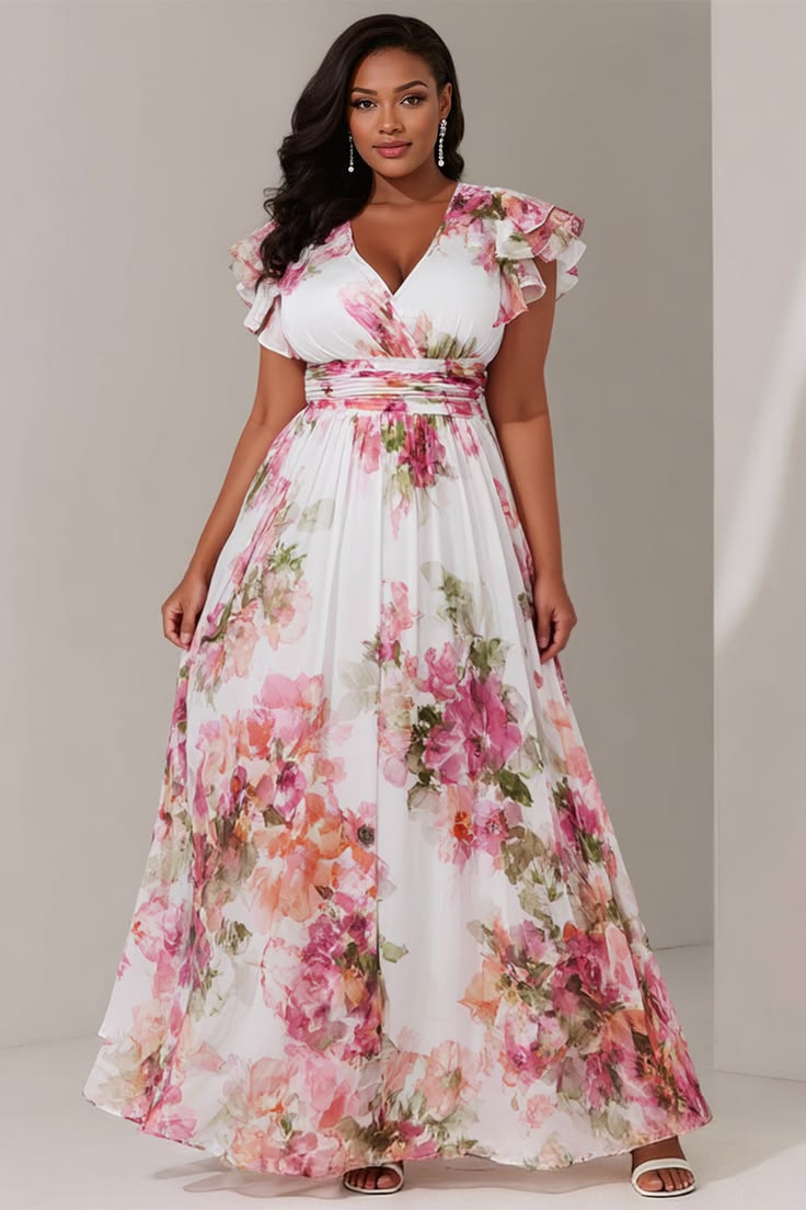 Xpluswear Design Plus Size Vacation Pink Floral V Neck Flutter Sleeve