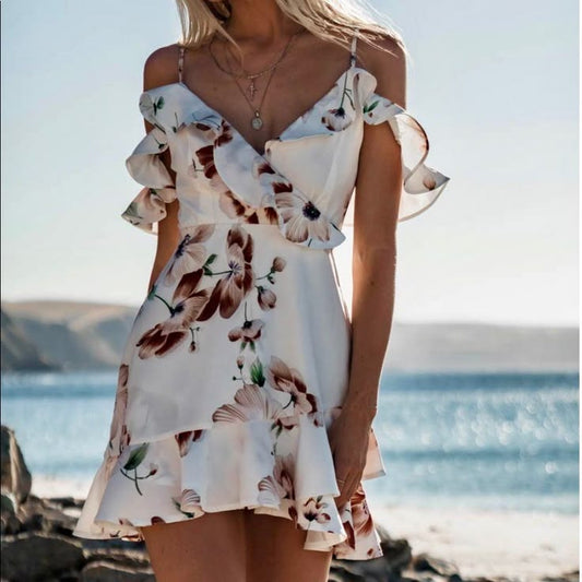 Cold Shoulder Summer Sun Dress Color: Brown White Size: S