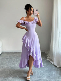 Selianne New Women's Solid Asymmetric Shoulder Strap Ruffle Hem