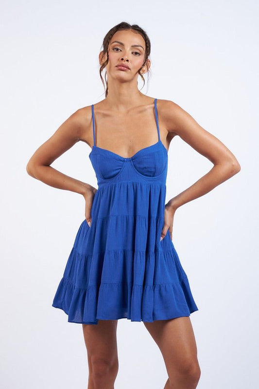 Persian Blue Tiered Babydoll Mini Dress Boho Pink