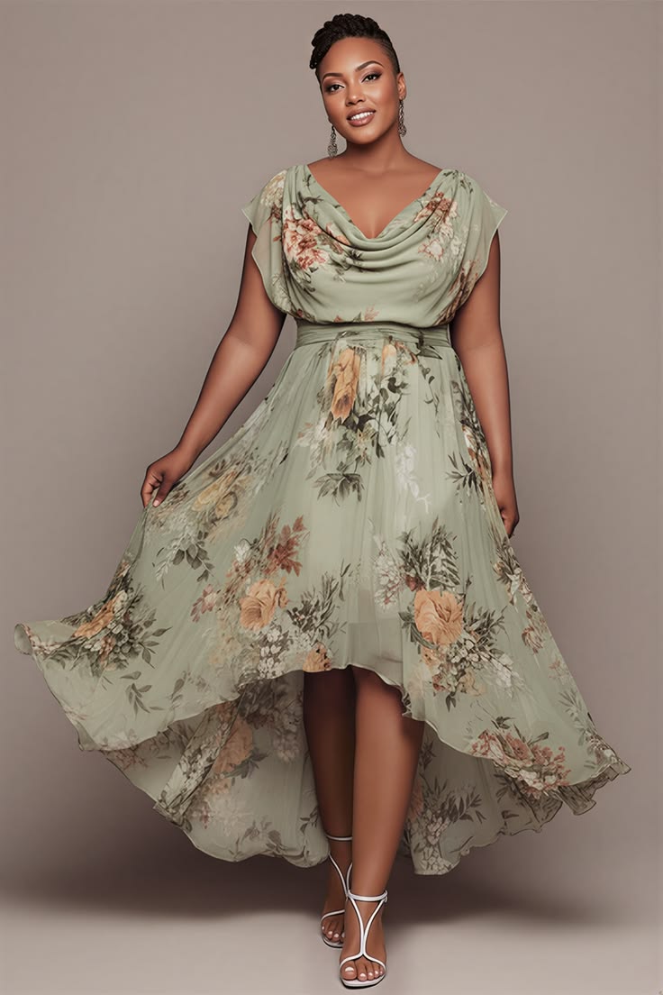 Xpluswear Design Plus Size Vacation Sage Green Floral Cowl Neck Short