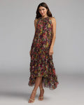 Multicolor Sleeveless Floral Micro Ruffle Trapeze Midi Dress Mac