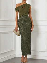 Olive Green Glitter Sequin Asymmetrical Sleeveless Sheath Maxi Dress