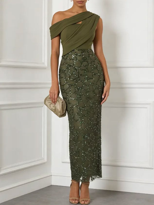 Olive Green Glitter Sequin Asymmetrical Sleeveless Sheath Maxi Dress