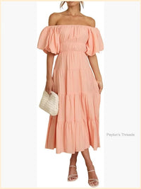 Off Shoulder Puff Sleeve Empire Waist Ruffle Midi Dress With Belt