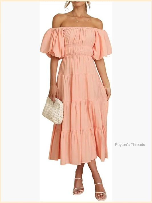 Off Shoulder Puff Sleeve Empire Waist Ruffle Midi Dress With Belt