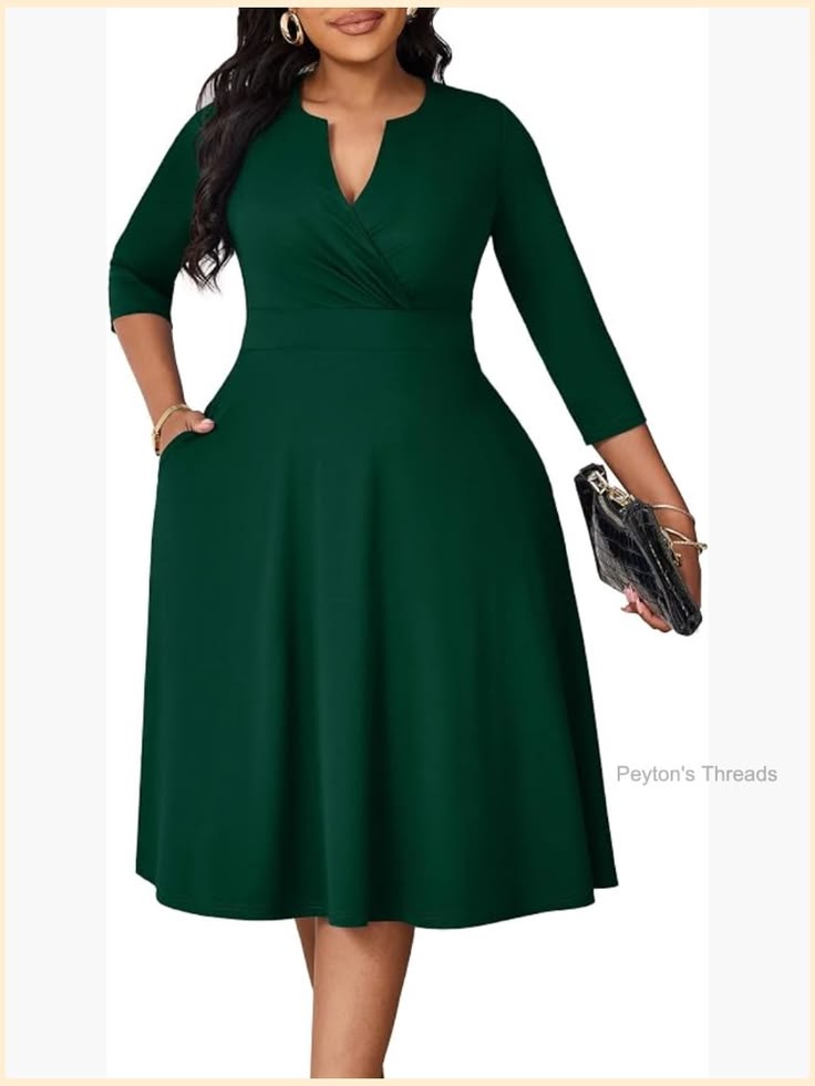 Plus Size Midi Dress 3 4 Sleeve V Neck Fit & Flare With Pockets Color: