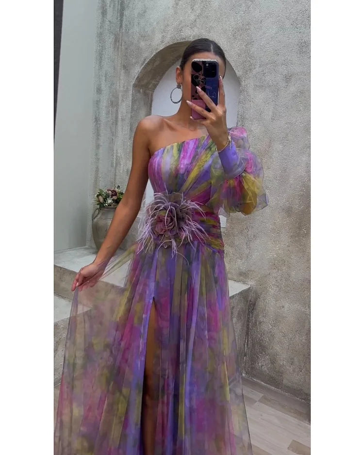 Diana - Asymmetrical One Sleeve Split Dress