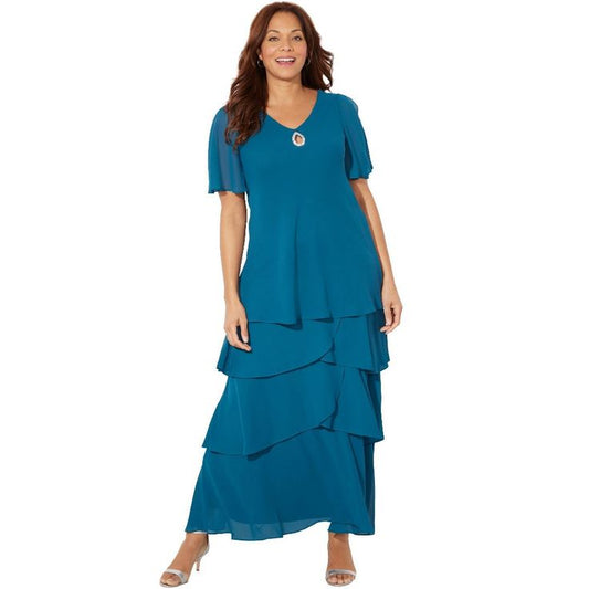 Catherines Tiered Chiffon Maxi Dress 4X, Teal