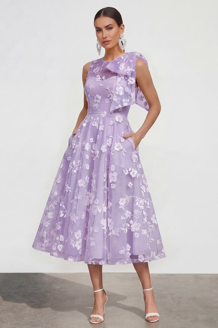 Lilac A Line Round Neck Maxi Wedding Guest Dress With Pockets Lilac