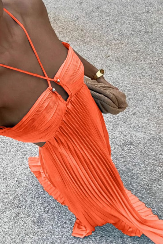 Halterneck Cutout Pleated Maxi Dress Orange
