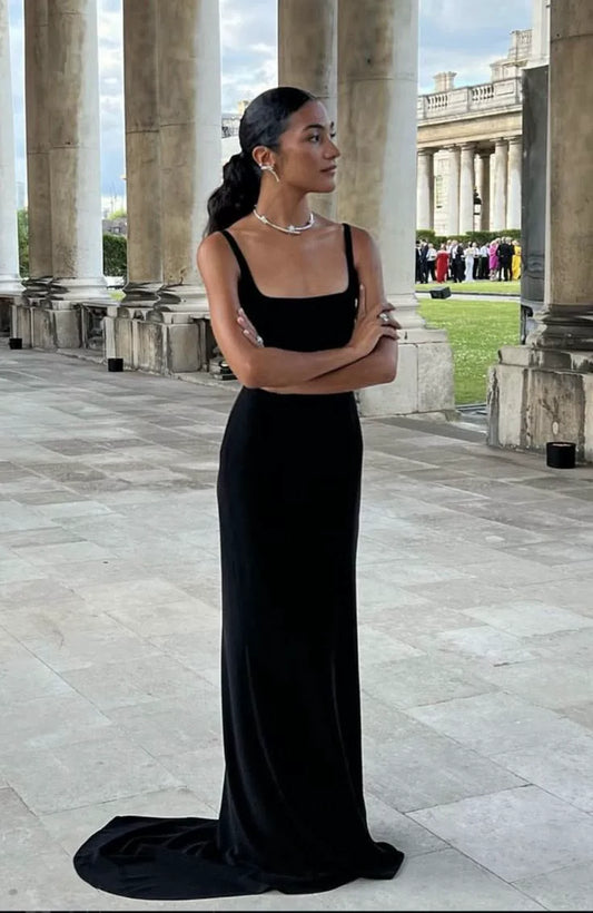 Simple Sheath Square Neck Black Evening Dress Formal Summer Wedding