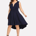 Deep V Neck Asymmetrical Hem Dress Color: Black Blue Size: 14