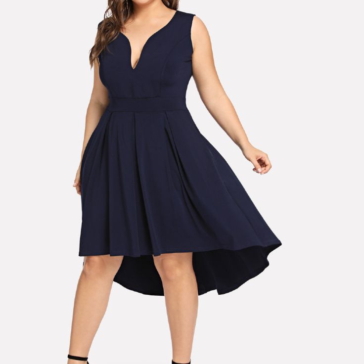 Deep V Neck Asymmetrical Hem Dress Color: Black Blue Size: 14