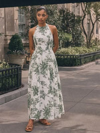 Sleeveless Halter Neck Floral A Line Maxi Dress