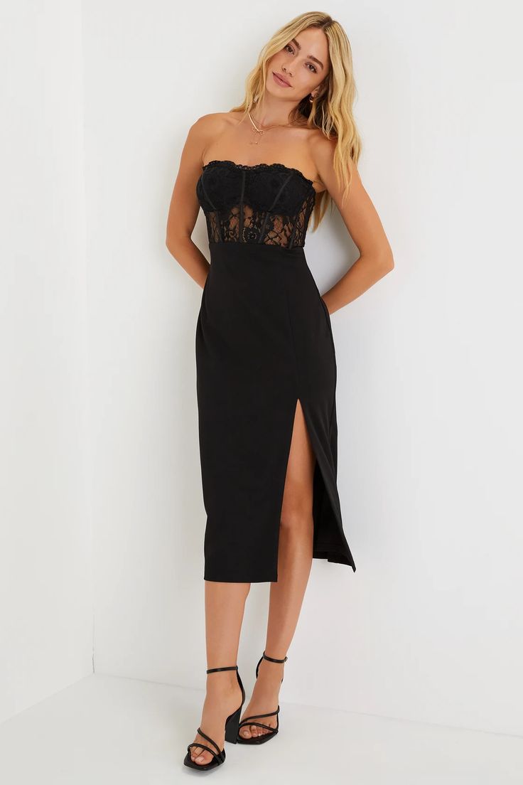 Exquisitely Sultry Black Lace Strapless Bustier Midi Dress
