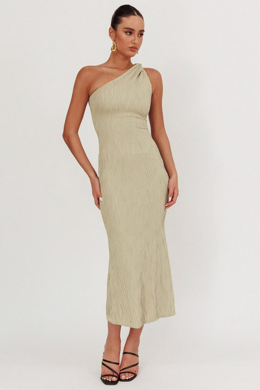 Lingering Love One Shoulder Twist Midi Dress Sage