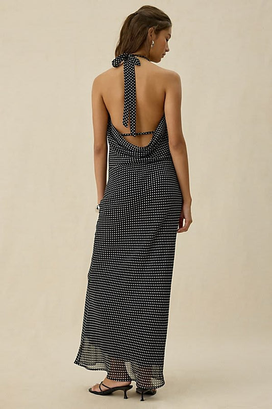 Kiss The Sky Sirena Plunging Cowl Neck Polka Dot Maxi Dress in Black/White, Women's at Urban Outfitters