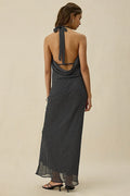 Kiss The Sky Sirena Plunging Cowl Neck Polka Dot Maxi Dress In Black