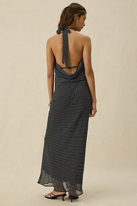 Kiss The Sky Sirena Plunging Cowl Neck Polka Dot Maxi Dress In Black