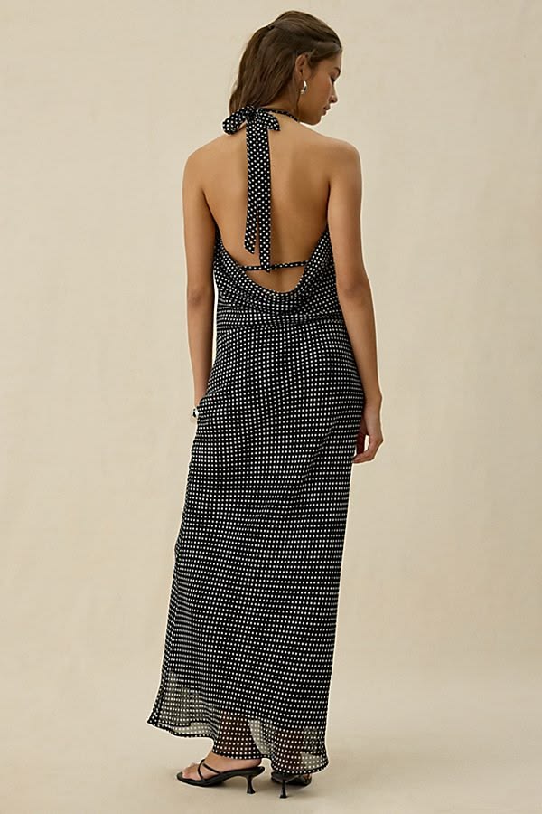 Kiss The Sky Sirena Plunging Cowl Neck Polka Dot Maxi Dress In Black