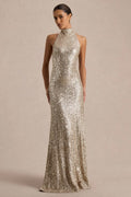 Tulia Gold Sequin High Neck Maxi Dress