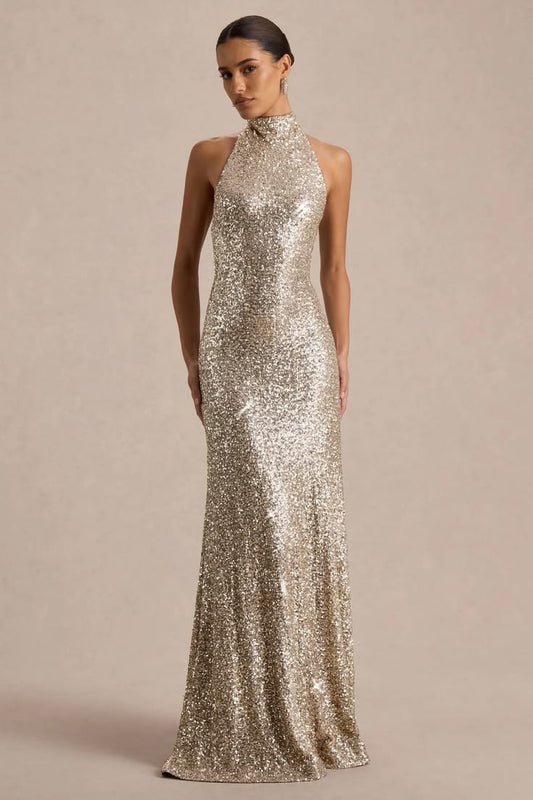 Tulia Gold Sequin High Neck Maxi Dress