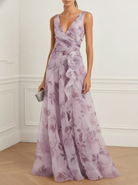 Purple 3D Floral Chiffon V Neck Sleeveless A Line Gown Dress Purple
