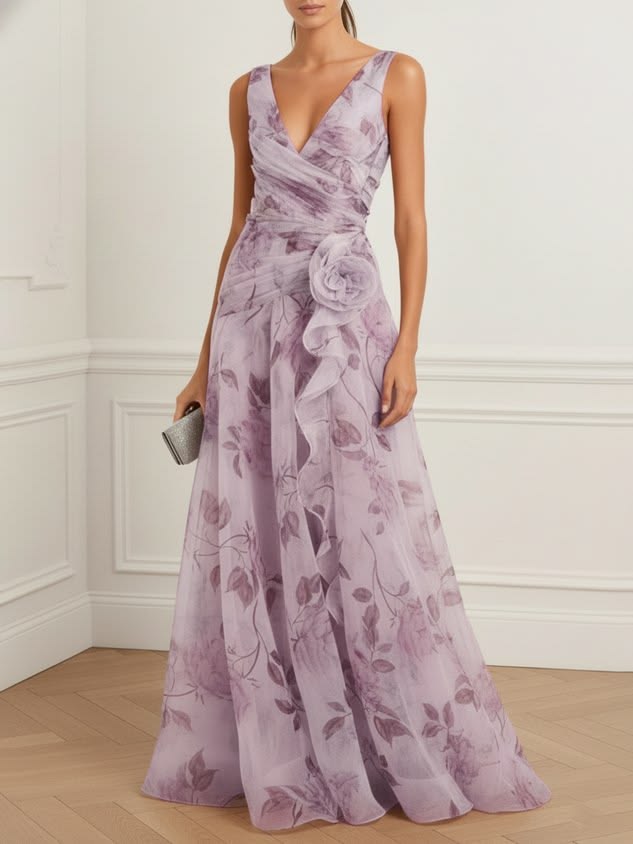 Purple 3D Floral Chiffon V Neck Sleeveless A Line Gown Dress Purple