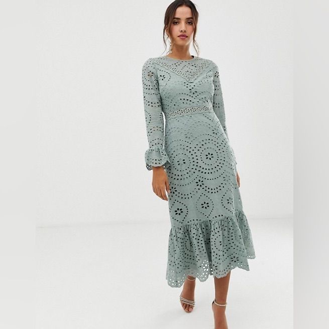 Dress Edition Long Sleeve Midi Dress In Sage Green Color: Green Size: