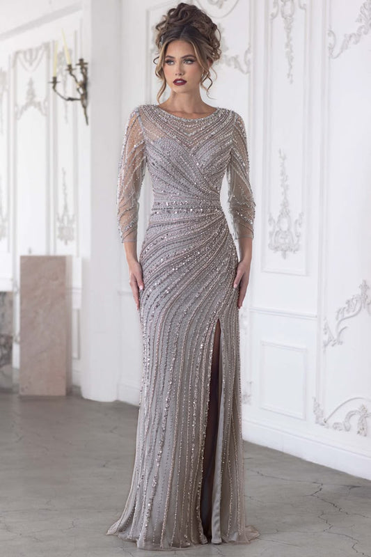 Long Sleeve Mother Of The Bride Beaded Formal Dress Lenovia 8383 Gold
