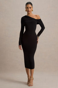 Cleo Black Bodycon Midi Dress With Mesh Sleeves