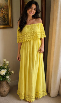 Striking Color Off On Shoulder Floral Crochet Beautiful Boho Maxi