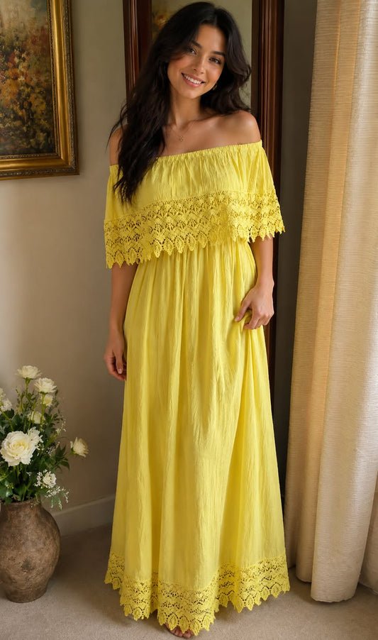Striking Color Off On Shoulder Floral Crochet Beautiful Boho Maxi