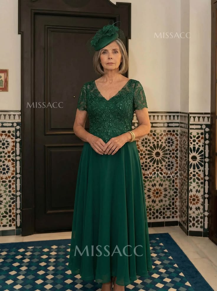 A Line V Neck Short Sleeves Tea Length Chiffon Mother Of The Bride