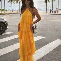 Fashion Ruffles Hem Long Dress For Women Elegant Halter Backless Sleev
