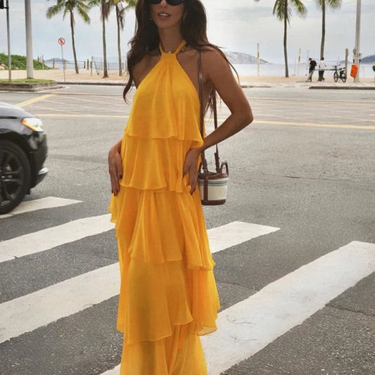 Fashion Ruffles Hem Long Dress For Women Elegant Halter Backless Sleev