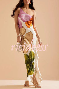 Love Filled Floral Print One Shoulder Side Ruffles Maxi Slip Dress
