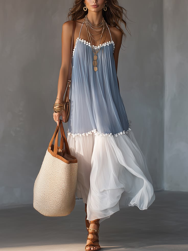 Romantic Pom Trim Chiffon Maxi Dress Blue & Ivory