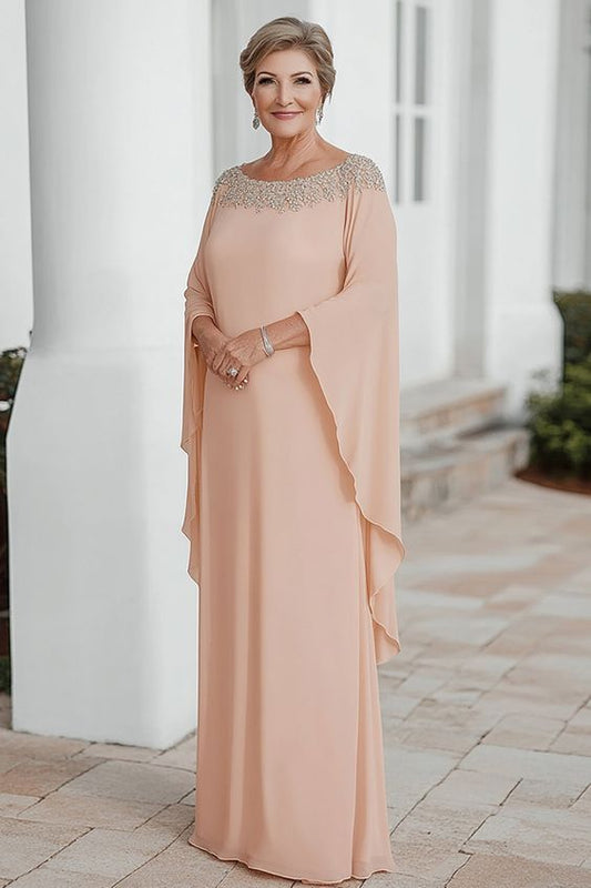 Women Apricot Mother Of The Bride Dress Chiffon Column Scoop Neck