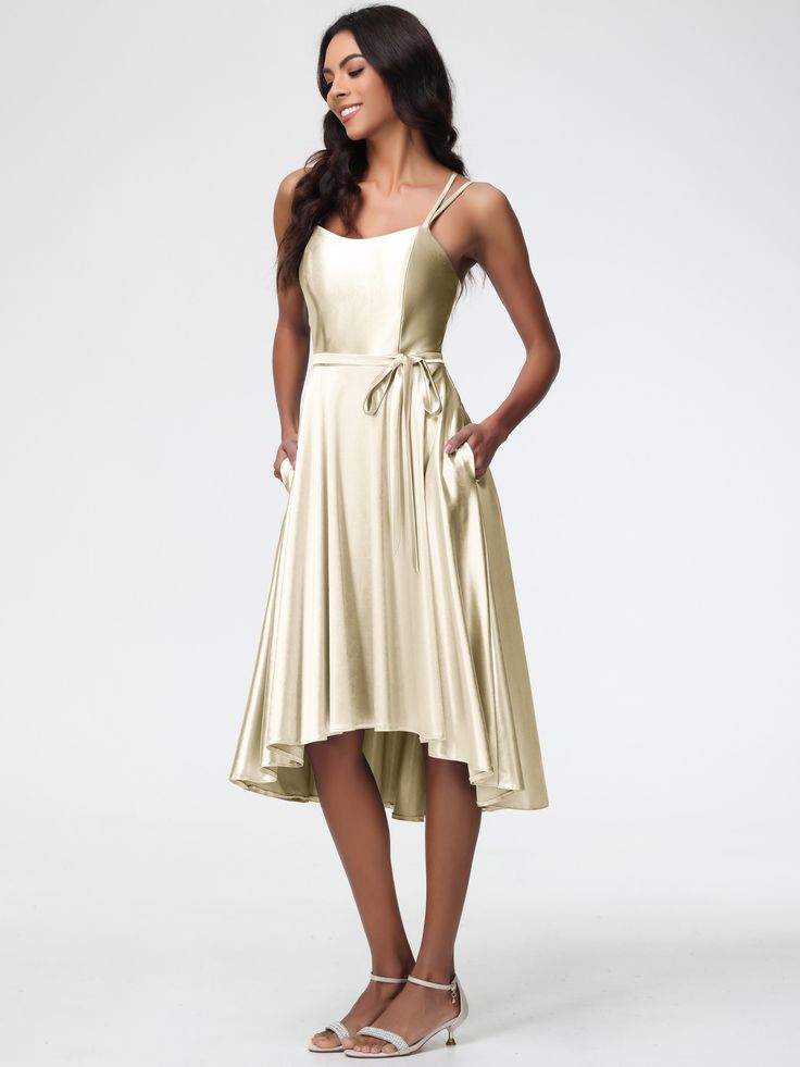 Champagne Colour Bridesmaid Dress A Line High Low Spaghetti Straps