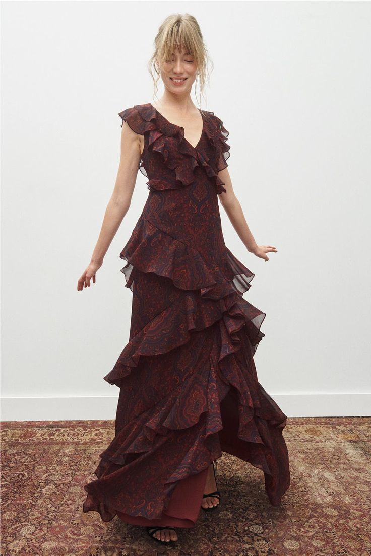 V Neck Ruffle Floral Gown