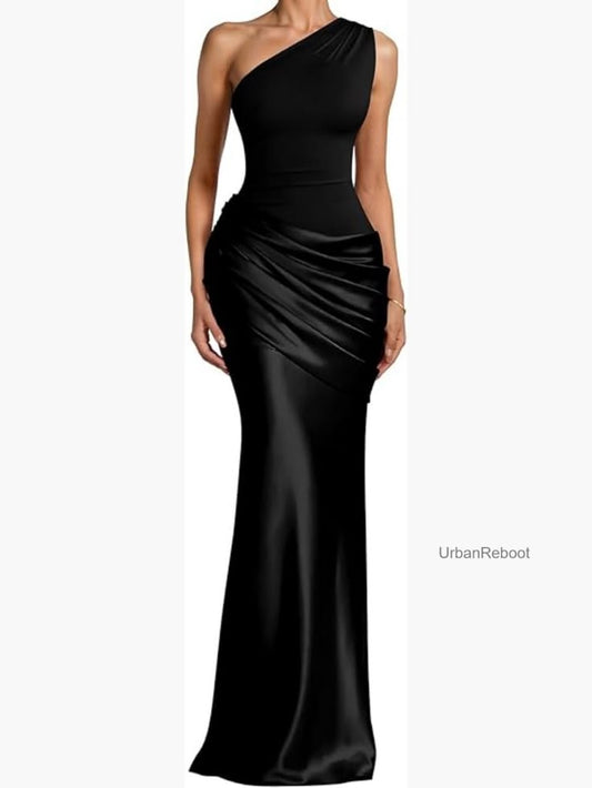 One Shoulder Pleated Formal Maxi Dress in Black