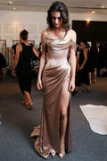 Simple Off The Shoulder Sheath Evening Gown Ruffles Split Sweep Train